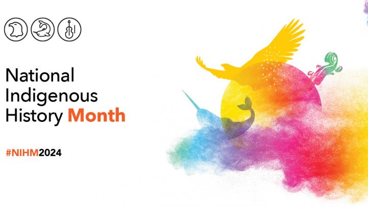 A slide with the words National Indigenous History Month on a white background with outlines of a yellow eagle and a blue narwhal in the right side of the slide.